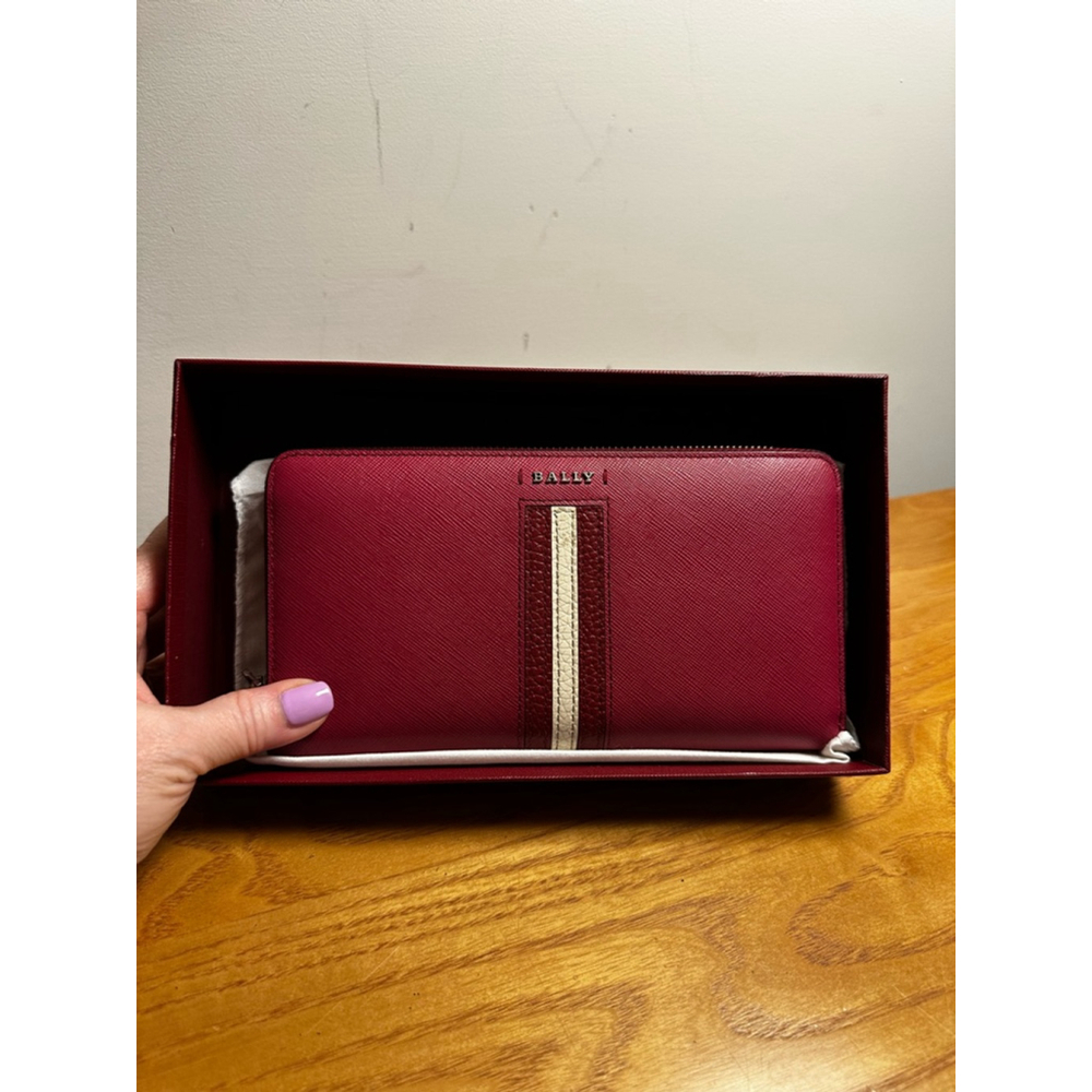 Bally Red Leather Long Zip Wallet with Box
